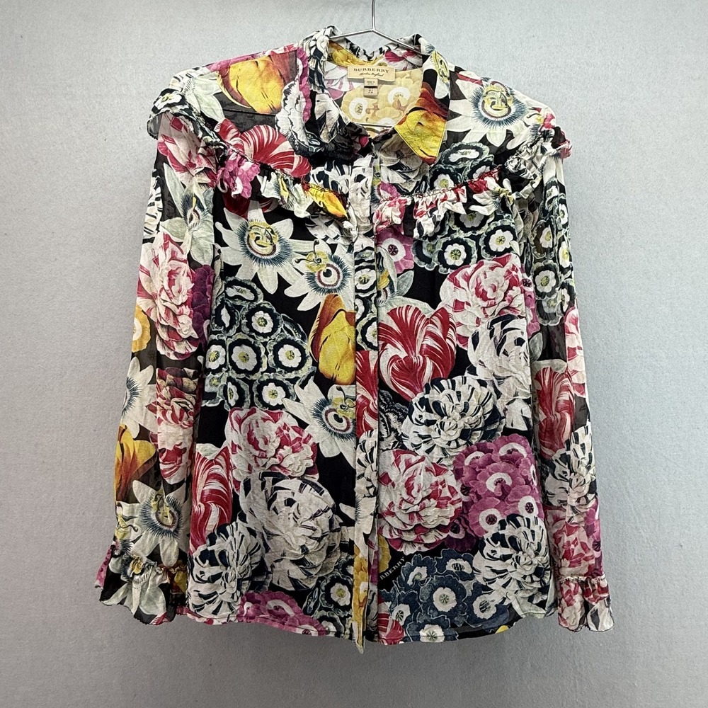 Burberry Silk Ruffle‎ Blouse Sheer Floral Print Passion Flower Garden US 2